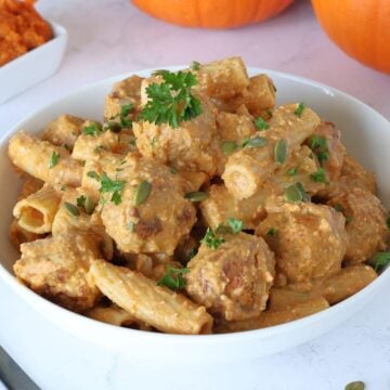 A bowl of Pumpkin Turkey Meatballs Pasta.
