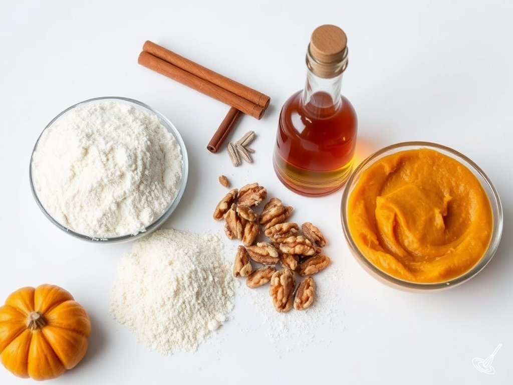 Laid out ingredients including flour, pumpkin puree, maple syrup, and walnuts. 
