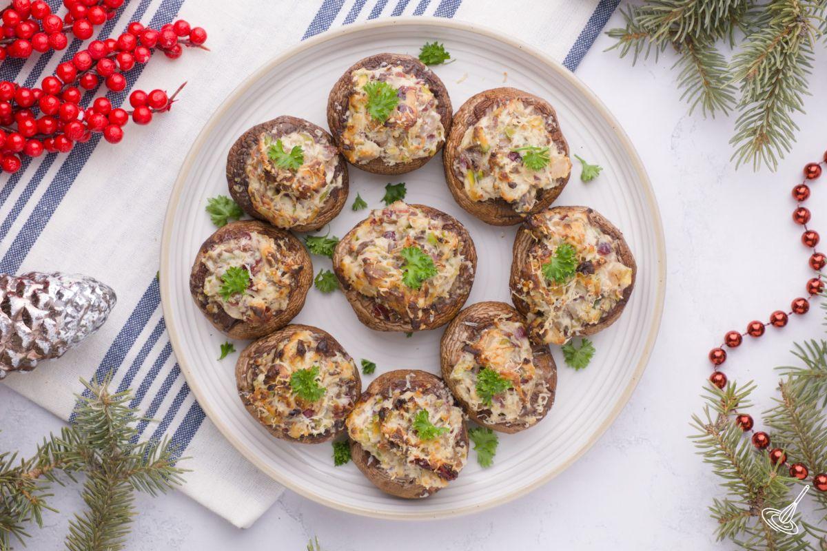 Holiday Stuffed Mushrooms on a plate.