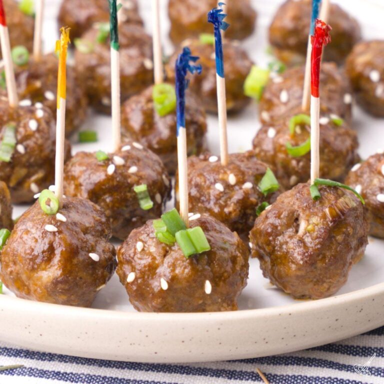 Maple Soy Glazed Meatballs on a plate.