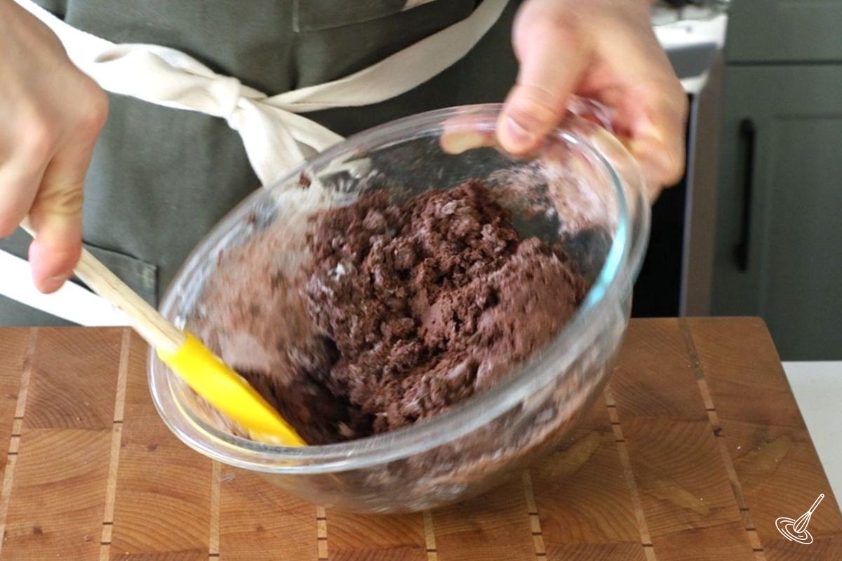 Someone stirring a bowl of biscotti batter.