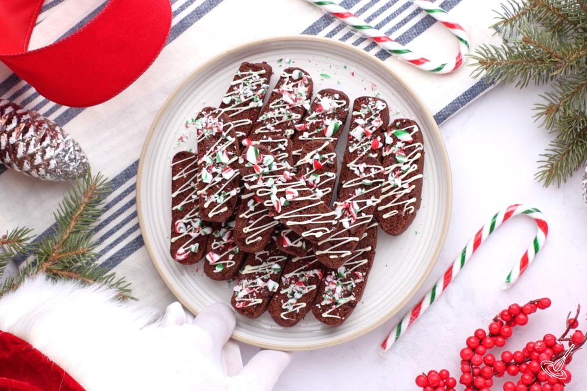 Decorated Chocolate Peppermint Biscotti on a plate. 