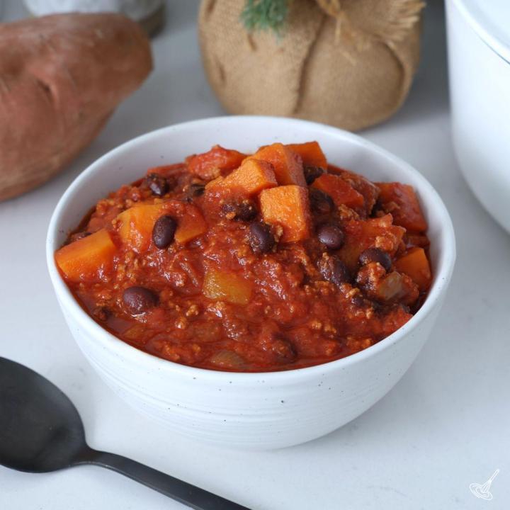 A bowl of Turkey Sweet Potato Chili.