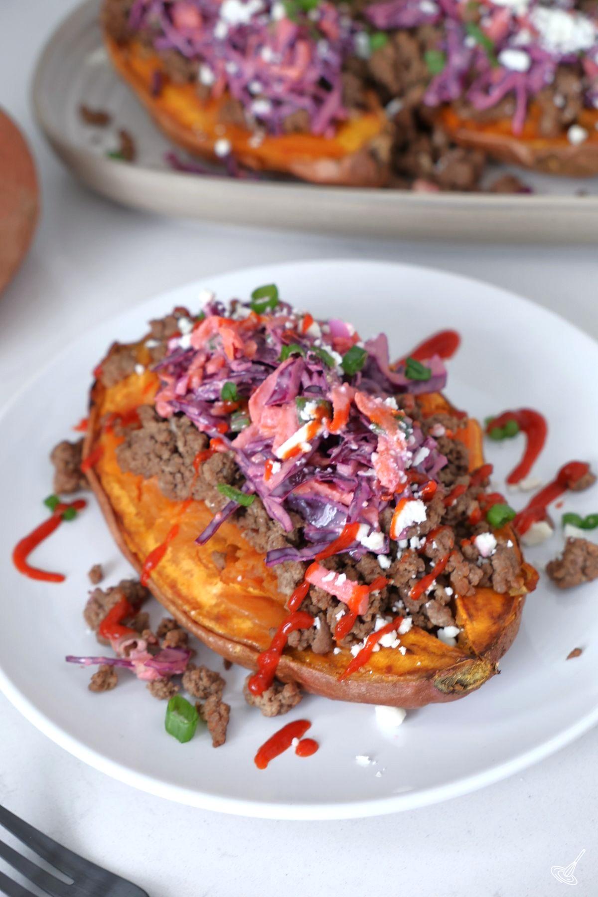 A Ground Beef Sweet Potato on a plate.