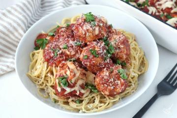 Chicken Parm Meatballs over spaghetti.