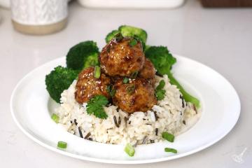 Honey Garlic Chicken Meatballs over rice.