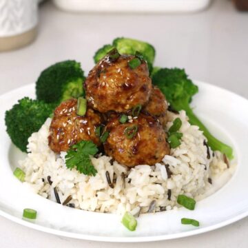 Honey Garlic Chicken Meatballs over rice.