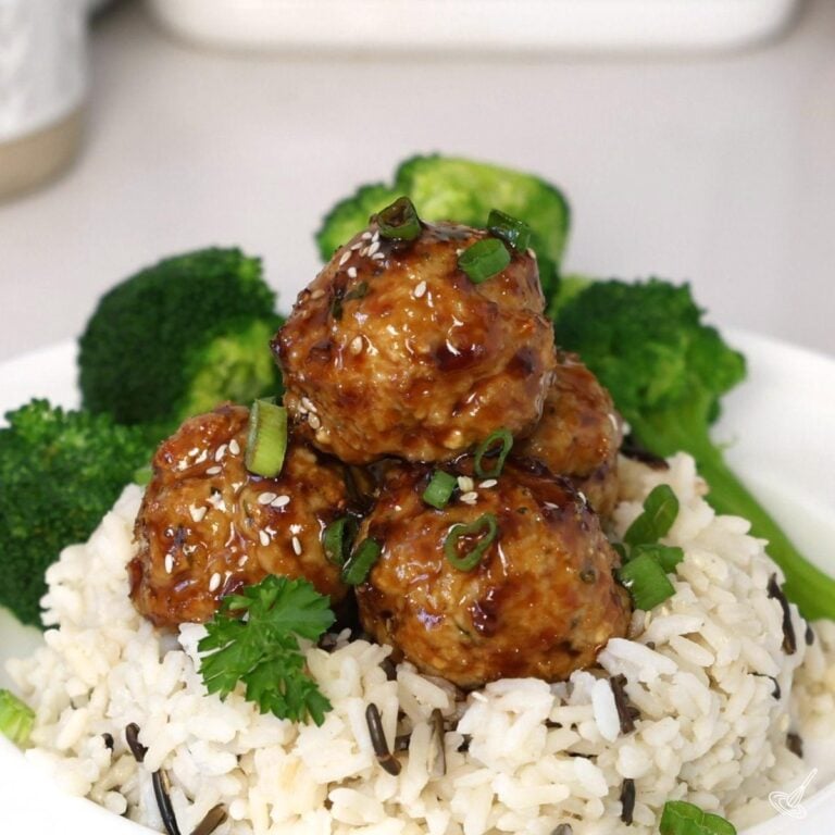 Honey Garlic Chicken Meatballs over rice.