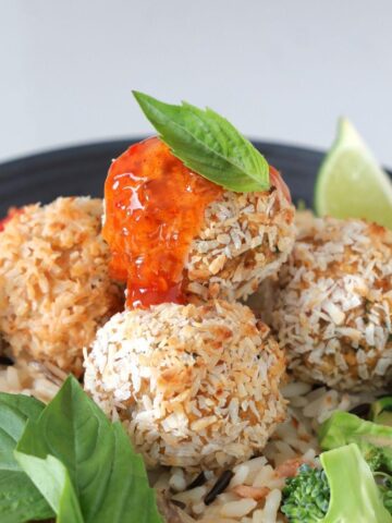 Baked Coconut Shrimp Meatballs over rice.