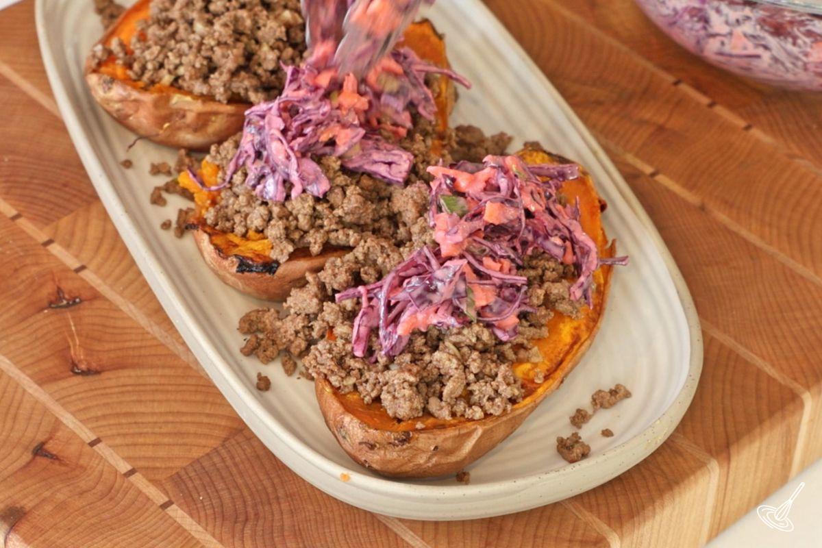 Assembled Ground Beef sweet potato on a platter. 