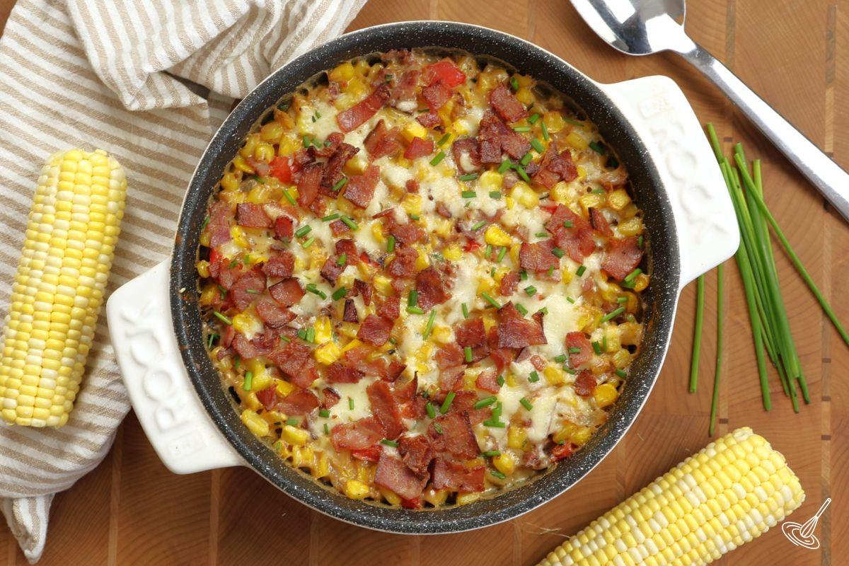Top view of the baked turkey bacon creamed corn casserole. 