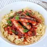 Turkey Sausage Chili Egg Noodles served in a bowl.