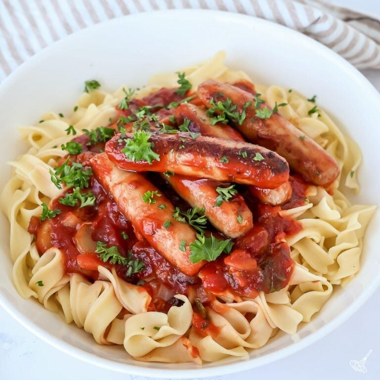 Turkey Sausage Chili Egg Noodles served in a bowl.
