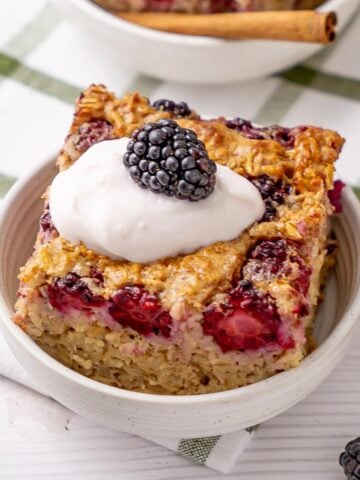 Baked Blackberry Oatmeal in a dish.