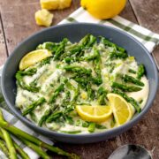 Creamed Asparagus in a serving dish.