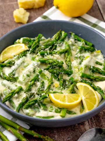 Creamed Asparagus in a serving dish.