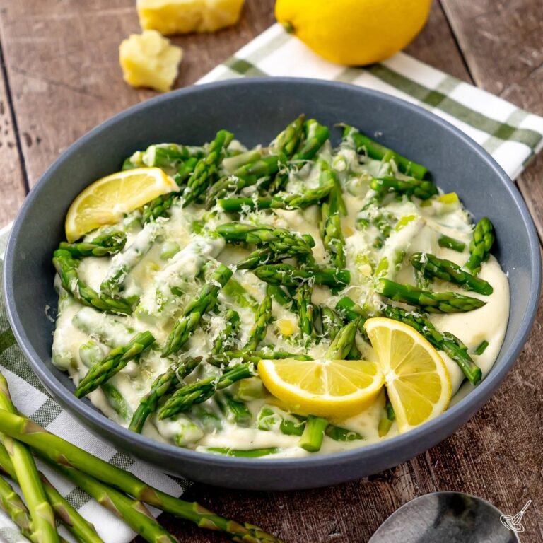 Creamed Asparagus in a serving dish.
