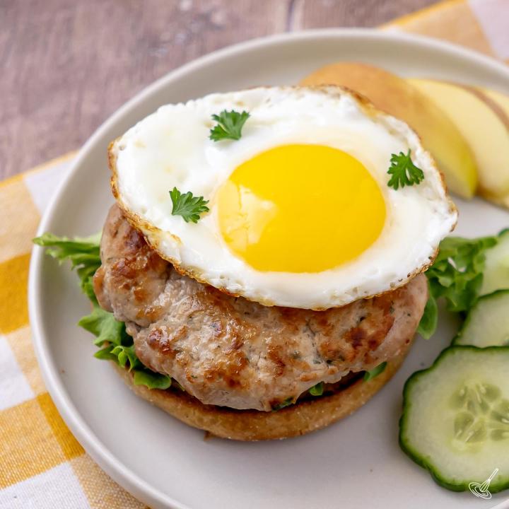 Turkey Breakfast Patties on a sandwich with egg.