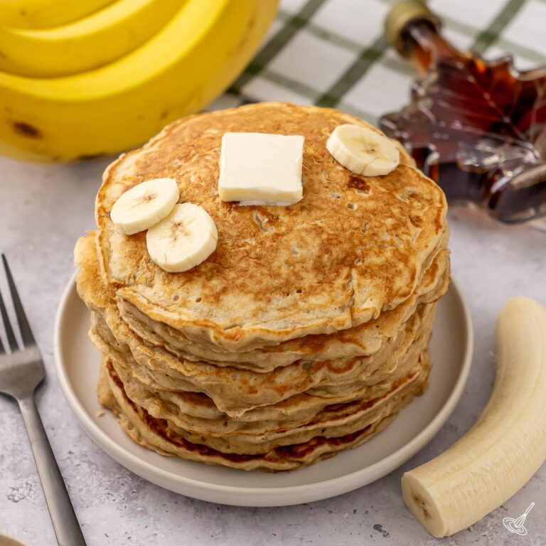 A stack of Banana Greek Yogurt Pancakes.