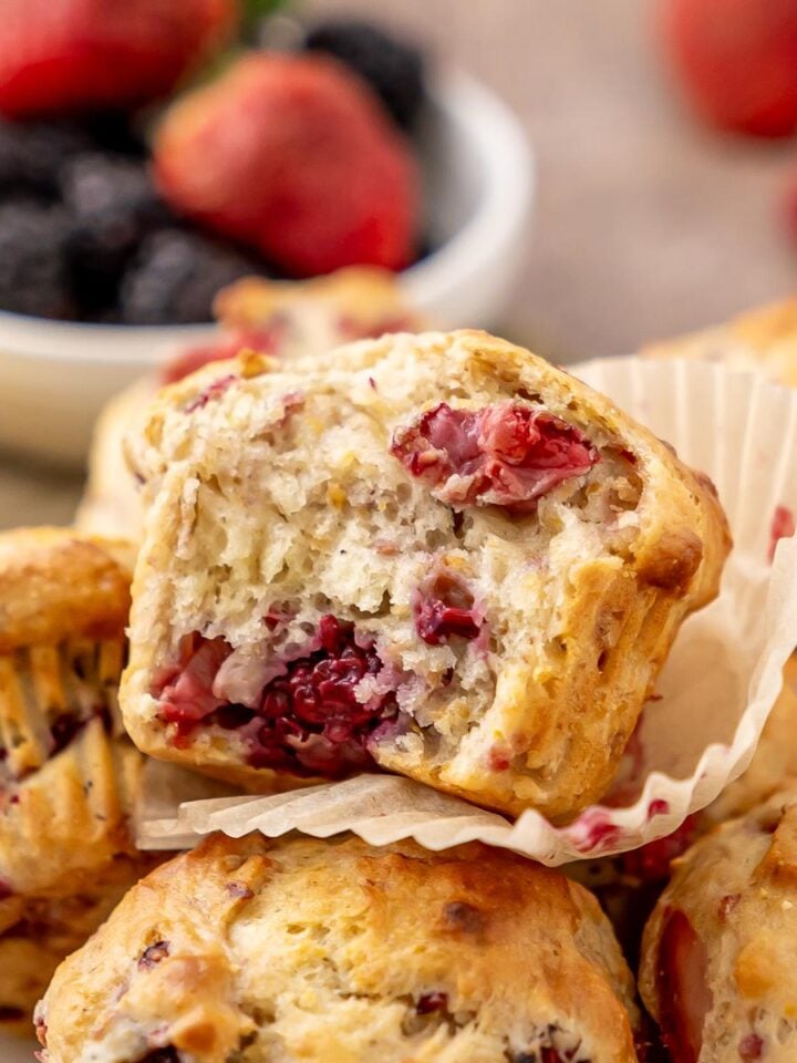 A pile of Mixed Berry Flax Muffins