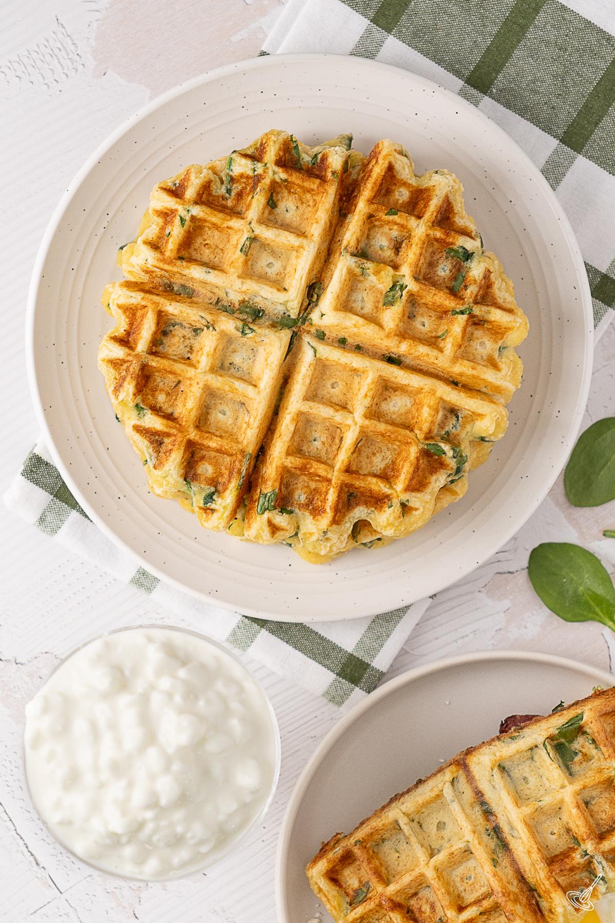 Cottage Cheese Spinach Waffles on a plate. 