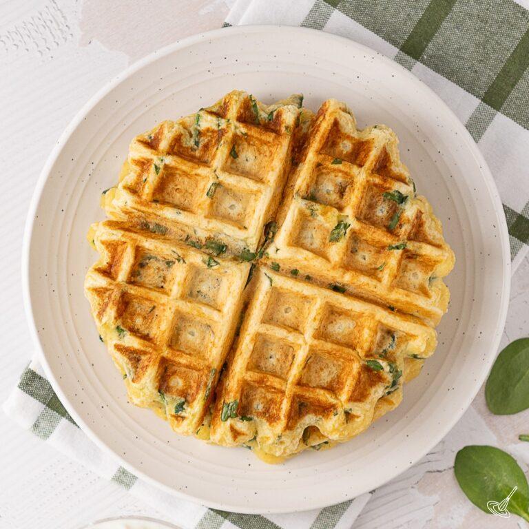 Cottage Cheese Spinach Waffles on a plate.