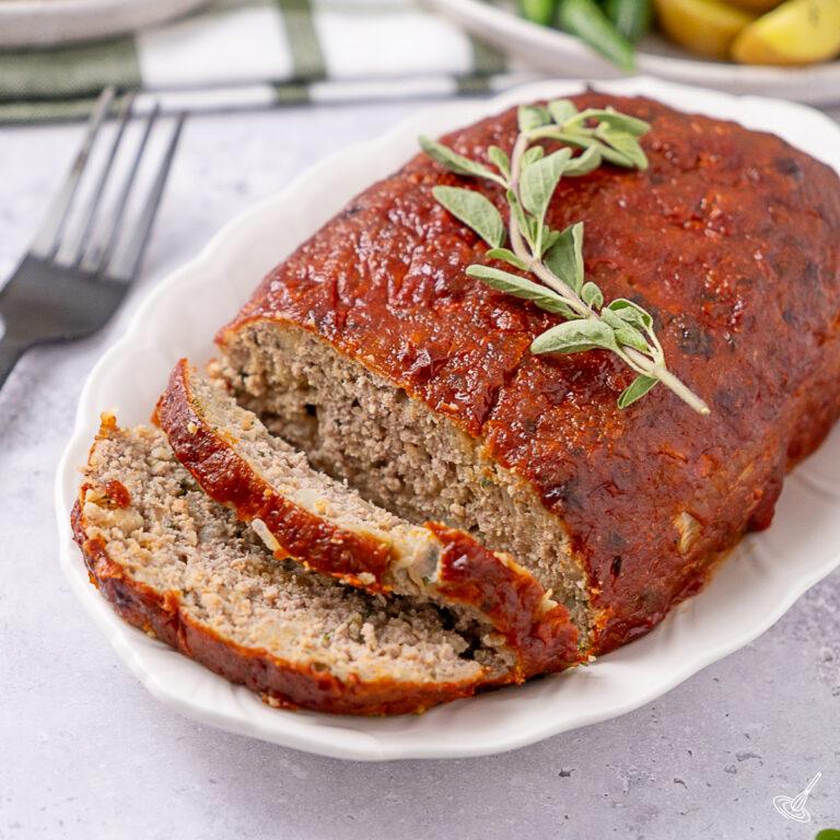 Sliced Turkey Stuffing Meatloaf on plate.