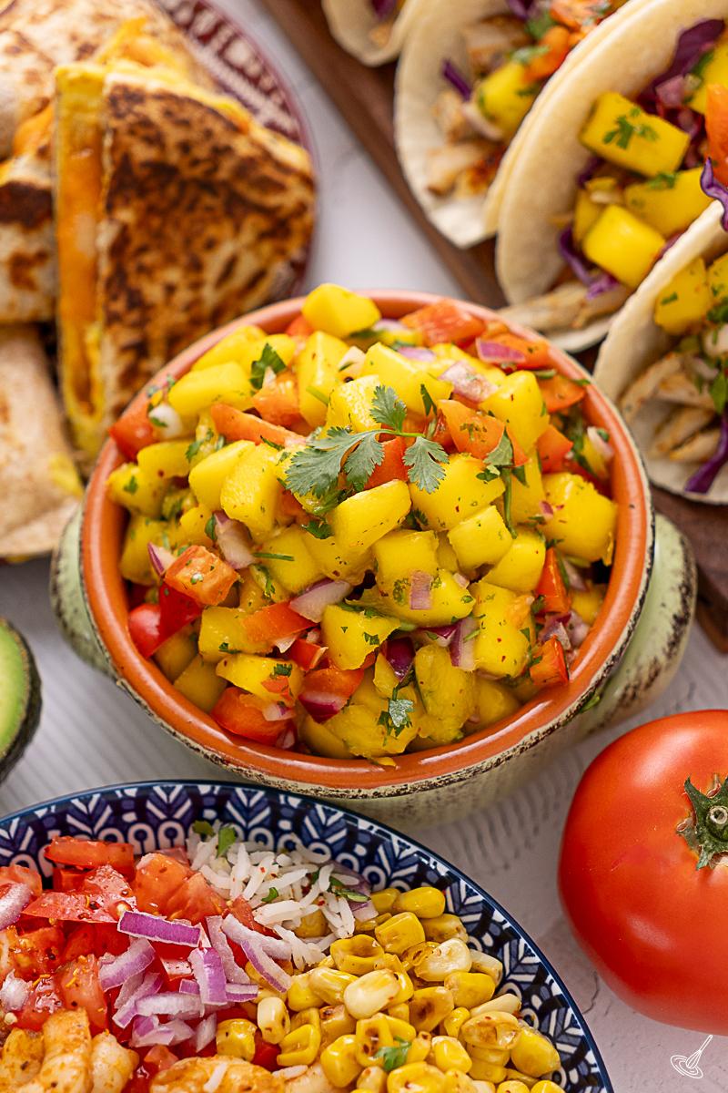 Easy Mango Lime Salsa in a serving bowl. 