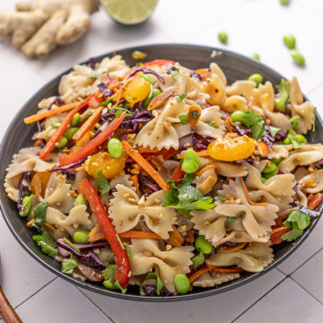 Asian Pasta Salad with Miso Dressing in a serving bowl