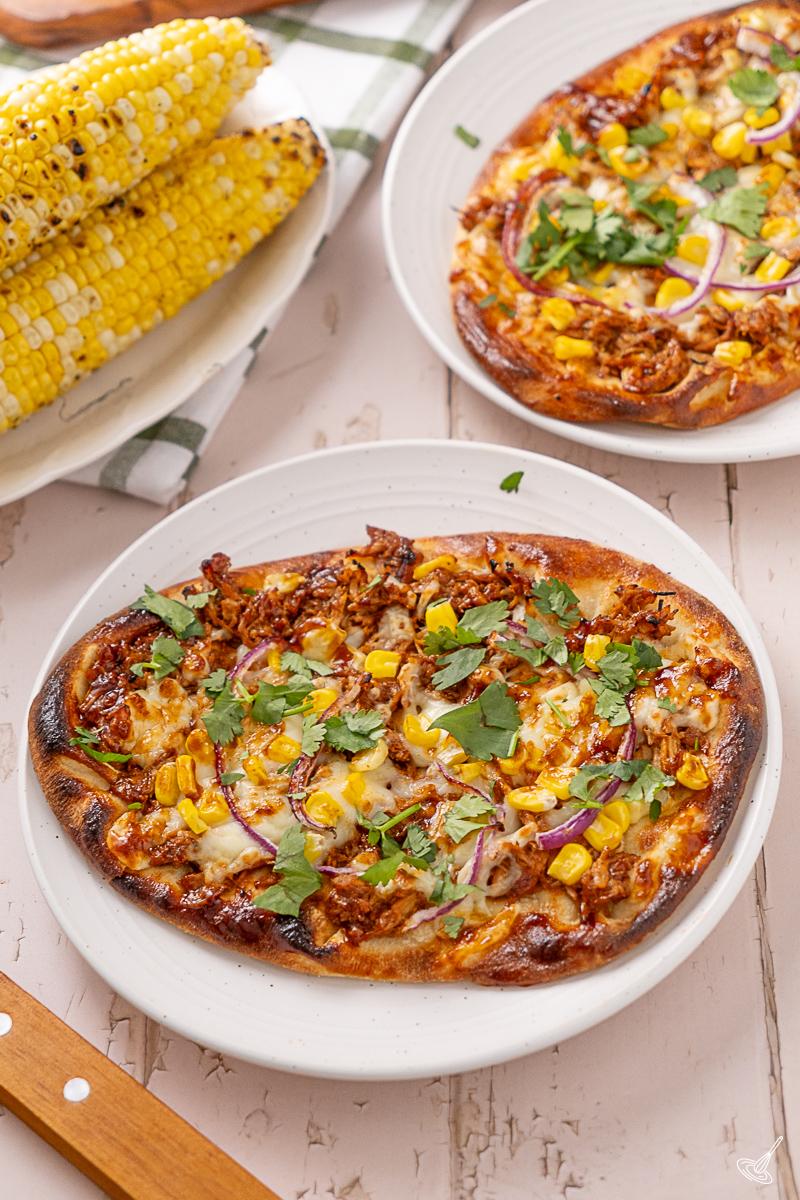 BBQ Turkey Flatbread on a plate. 