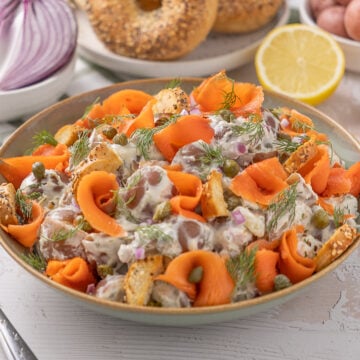 Smoked Salmon Dill Potato salad in a serving bowl.
