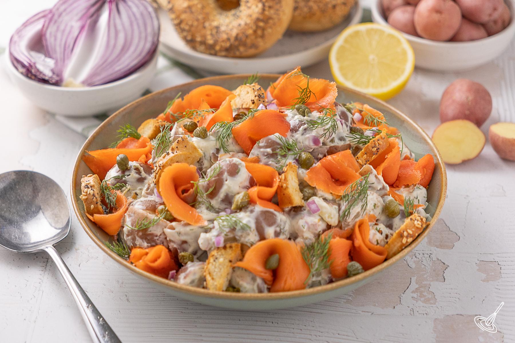 Smoke Salmon Dill Potato Salad in a serving bowl. 
