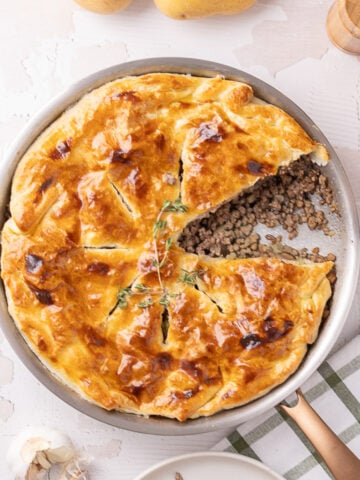 Skillet Tourtière Pot Pie on a table.