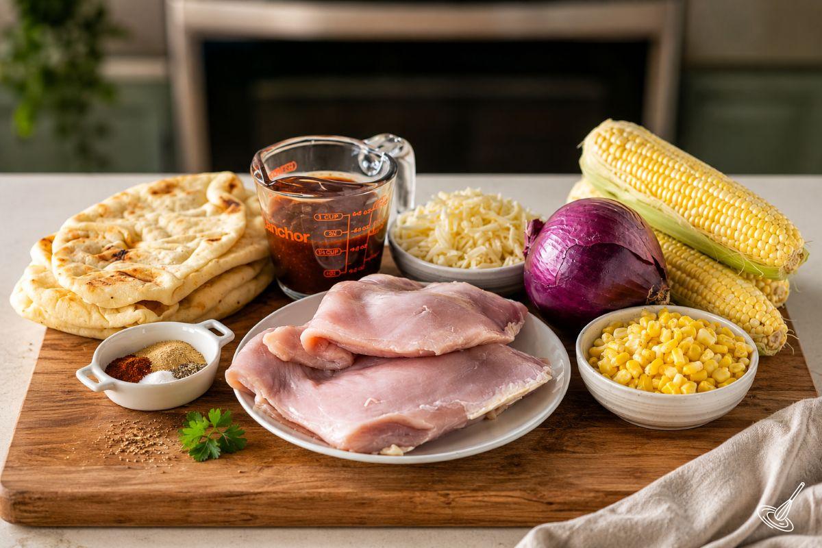 Ingredients to make turkey flatbread including turkey, bbq sauce, corn, red onion and spices.