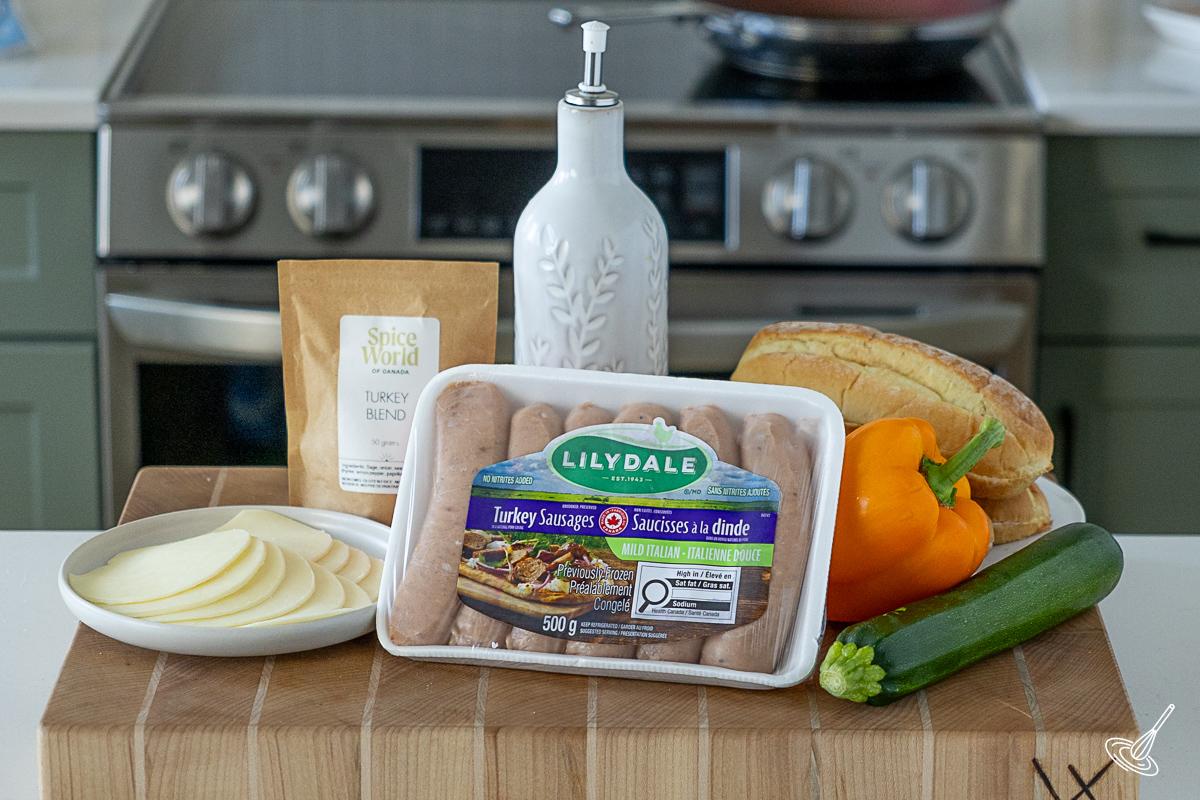 Ingredients on a cutting board to make my Grilled Italian Turkey Sausage Sandwich recipe.