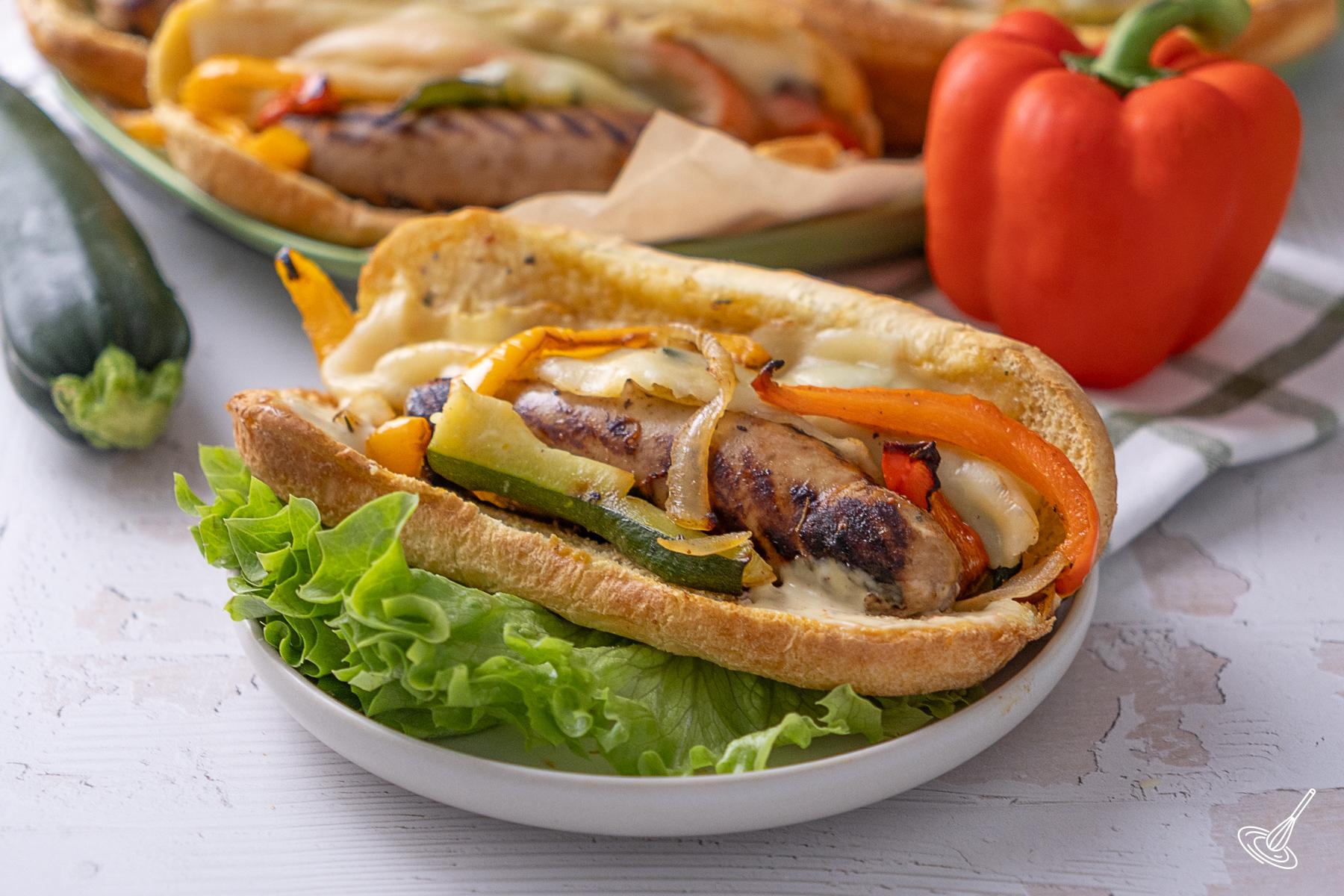 Grilled Italian Turkey Sausage Sandwich on a plate.