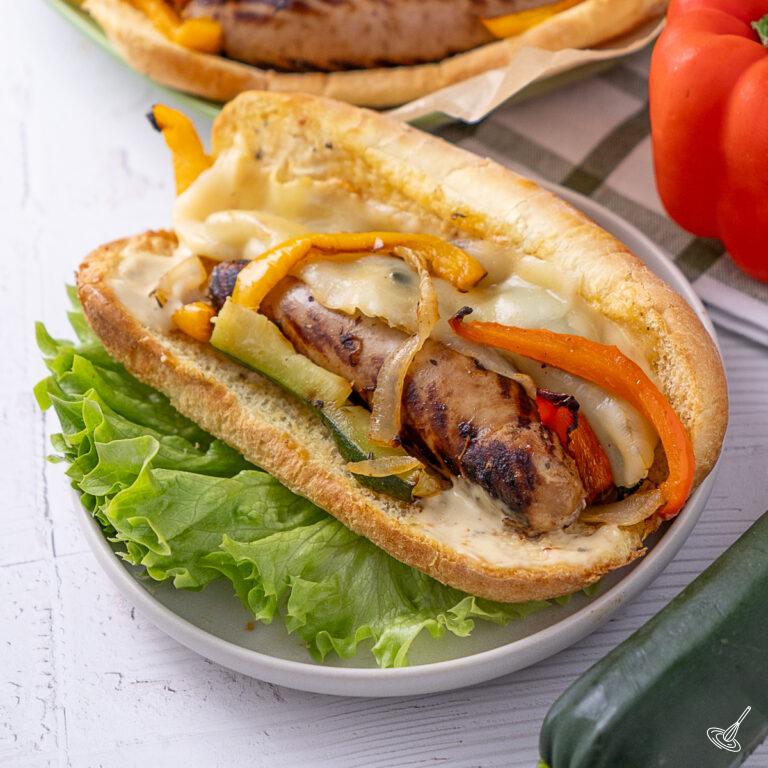 Grilled Italian Turkey Sausage Sandwich on a plate.
