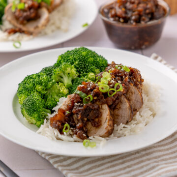 Pineapple teriyaki pork tenderloin served over rice with broccoli.