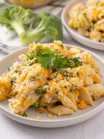 Cheddar Chicken Broccoli Pasta Bake on a plate.