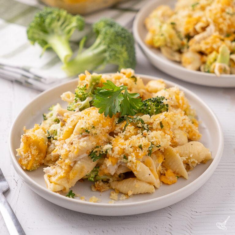 Cheddar Chicken Broccoli Pasta Bake on a plate.