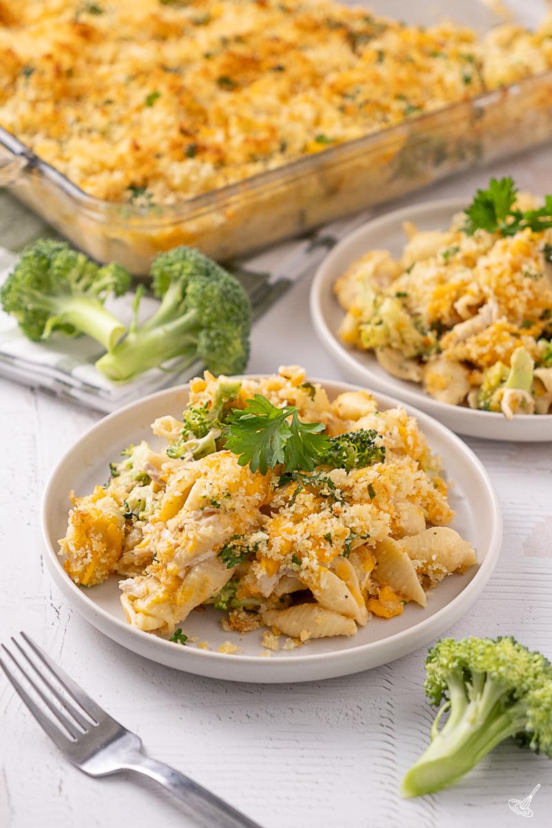 Cheddar Chicken Broccoli Pasta Bake served on a plate. 